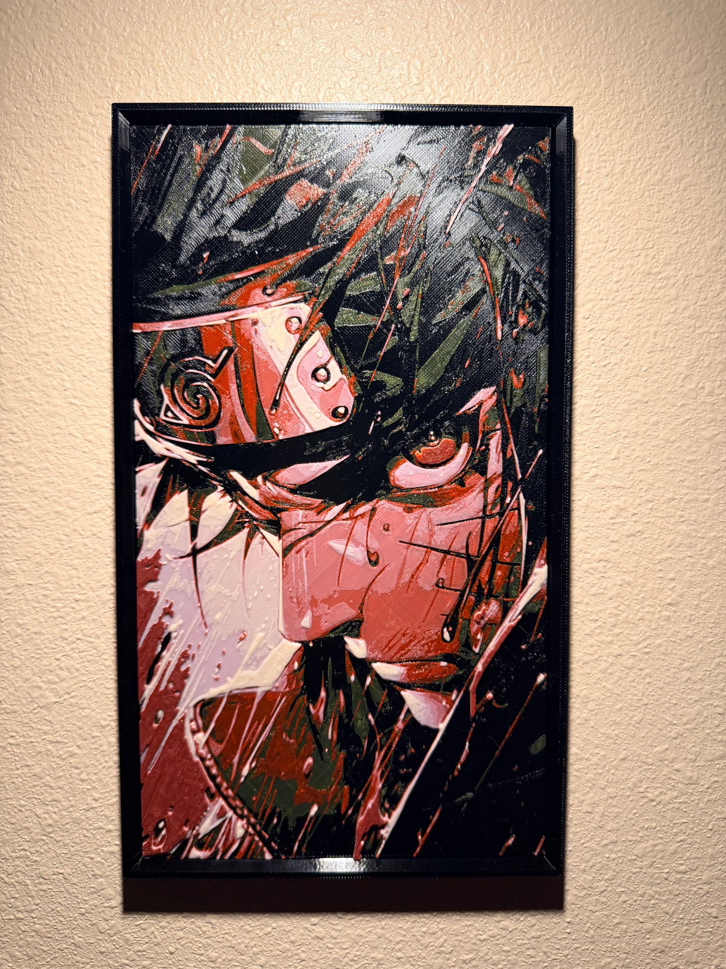 Dark Anime Ninja Filament Painting – Framed 3D Printed Wall Art