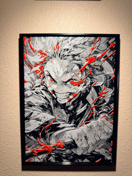Battle-Worn Anime Warrior Filament Painting – Framed 3D Wall Art
