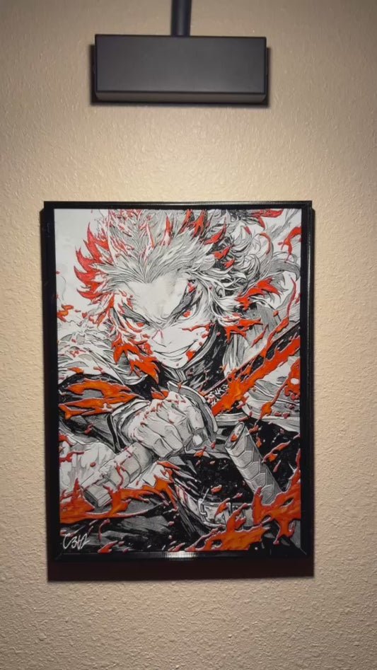 Flame-Wielding Anime Warrior Filament Painting – Framed 3D Wall Art
